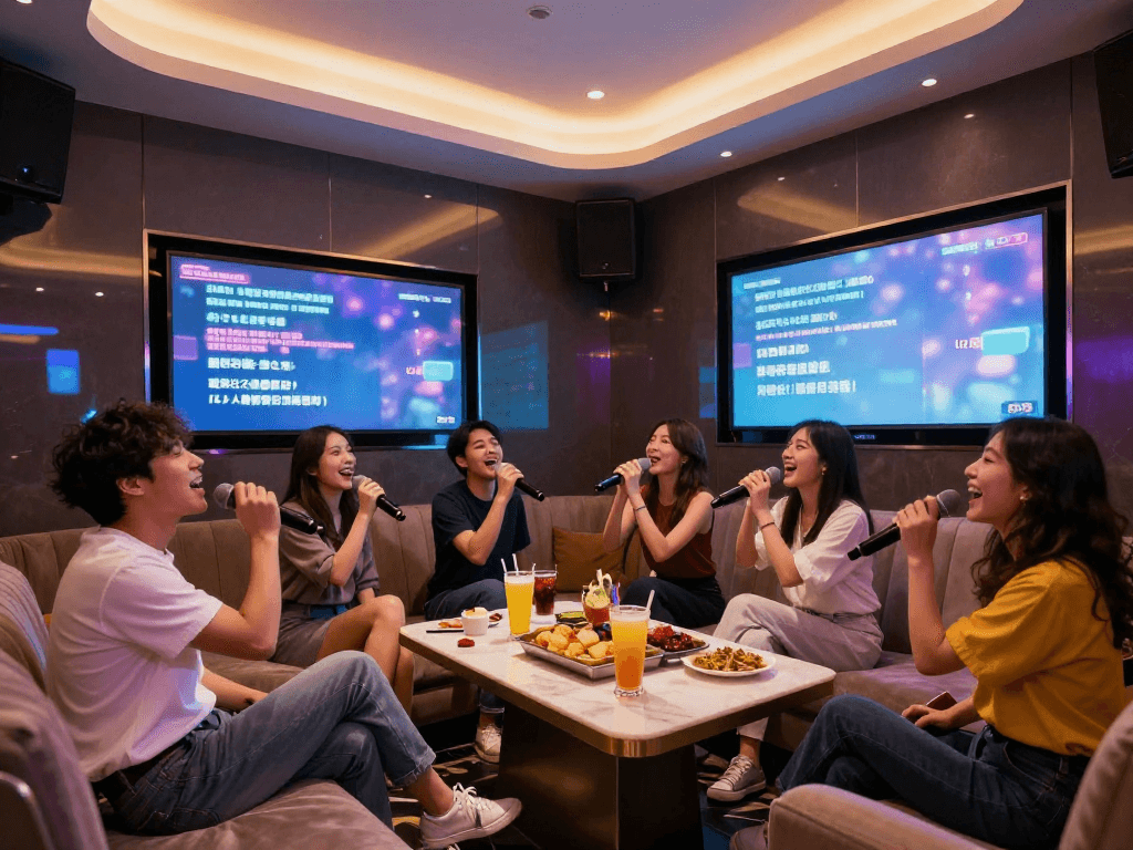 강남 가라오케 gangnam-karaoke.kr에서 친구들과 함께 즐거운 노래를 부르는 모습