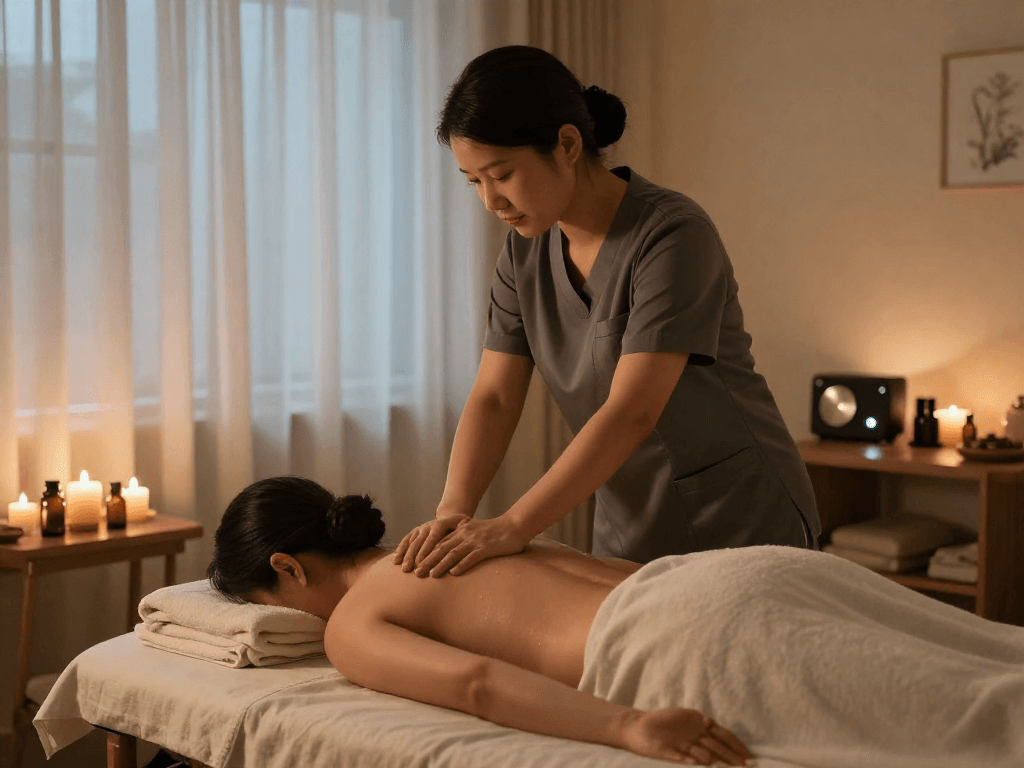 Experience professional 강동구출장마사지 in a tranquil home setting with candles and soothing ambiance.