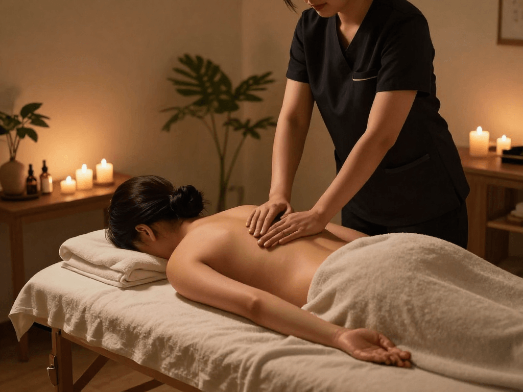 Relaxing 서울출장마사지 experience in a serene home environment with a therapist and calming ambiance.
