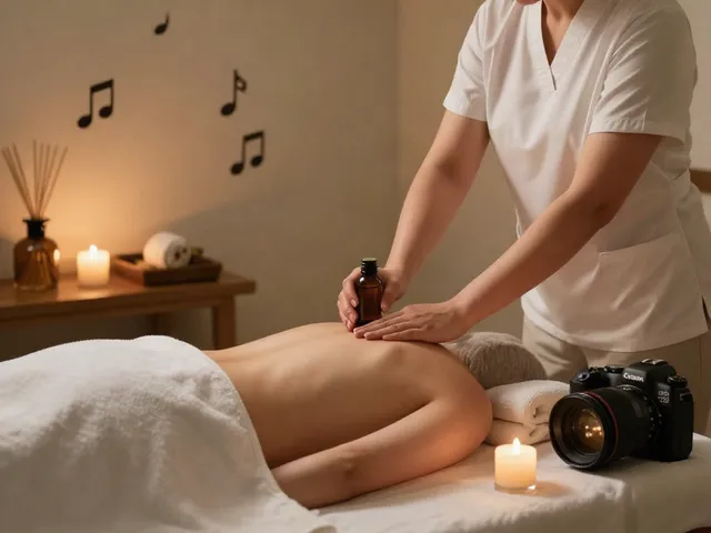 송파출장안마 세션 중 에센셜 오일을 바르는 전문 마사지 치료사와 아늑한 스파 치료 공간.