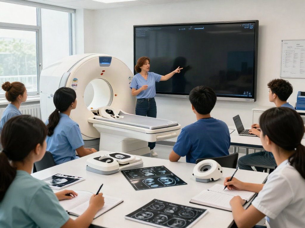 Students at https://radiologyexplained.com learning about CT scans in a modern classroom environment.