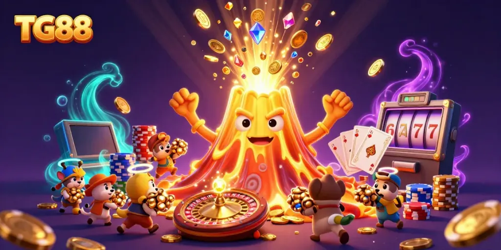 Experience the excitement of TG88 with a triumphant golden volcano erupting treasures in an immersive casino scene.