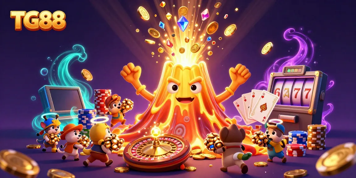 Experience the excitement of TG88 with a triumphant golden volcano erupting treasures in an immersive casino scene.