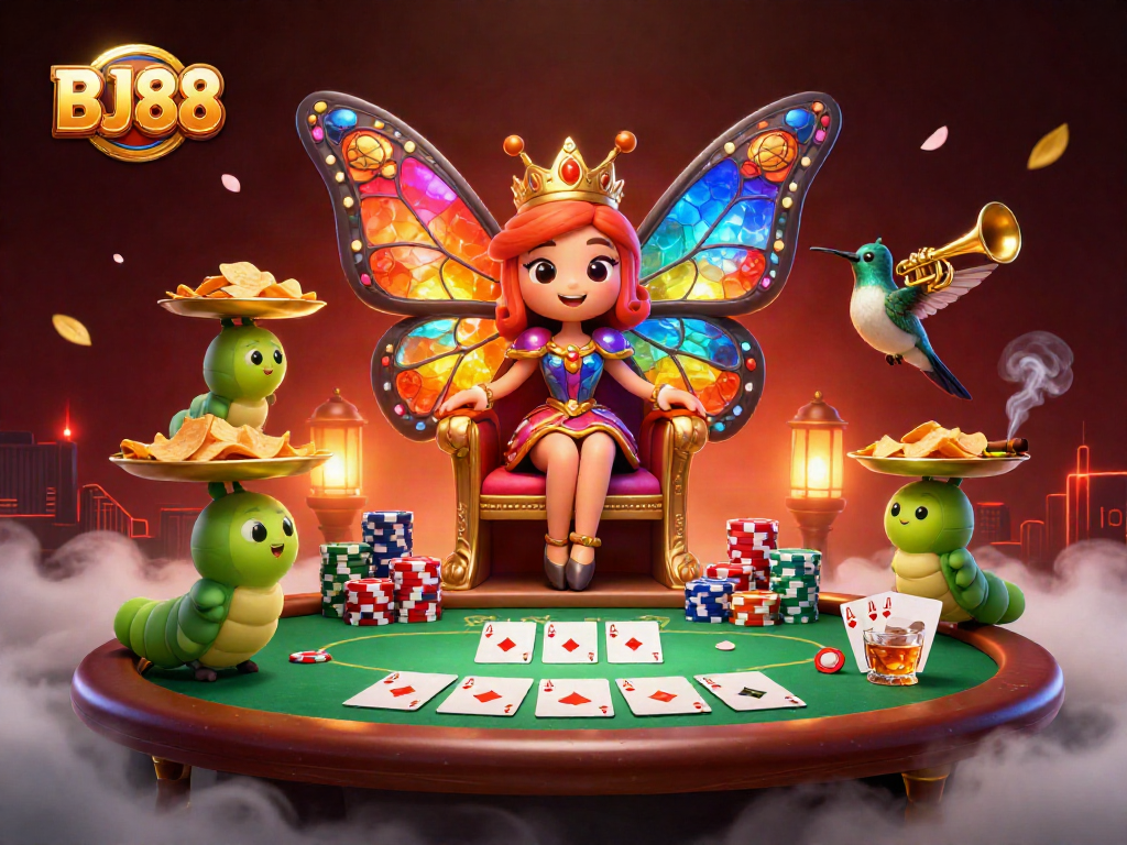 Join the action at BJ88 Casino with vibrant characters and poker elements in a captivating scene.