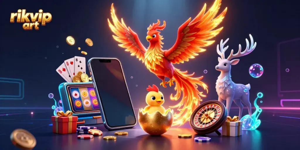 Experience the vibrant world of rikvip art with dynamic casino elements featuring a phoenix and gaming icons.