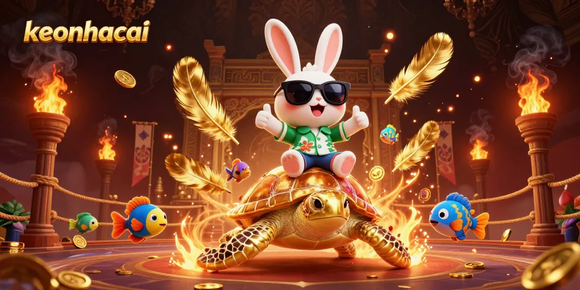 Engage in keonhacai betting with an animated scene of a lucky rabbit and golden turtle amidst vibrant casino elements.