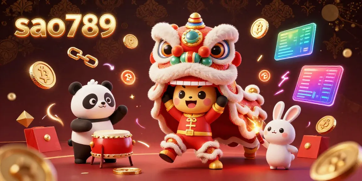 Experience the vibrant energy of sao789 with a lion dance and gaming elements in a colorful casino setting.