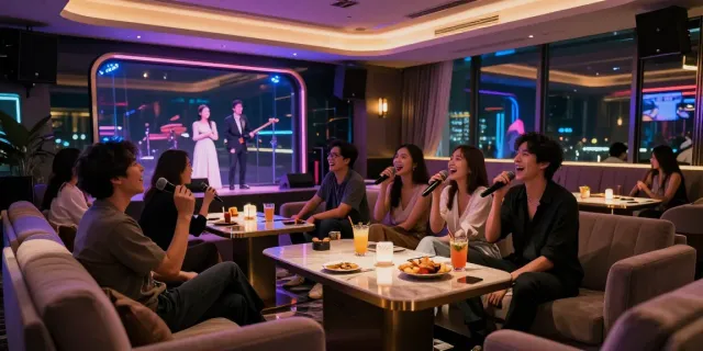강남유앤미 고급스러운 카라오케 공간에서 즐거운 시간을 보내는 사람들