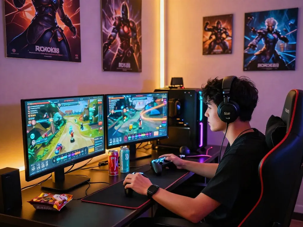 Gamer immersed in ROKOK88 gameplay, focused on leveling and hidden quests in a vibrant gaming setup.