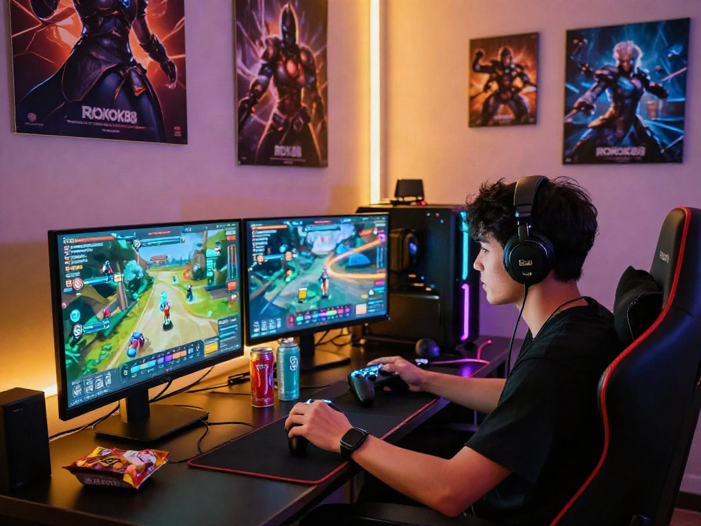 Gamer immersed in ROKOK88 gameplay, focused on leveling and hidden quests in a vibrant gaming setup.