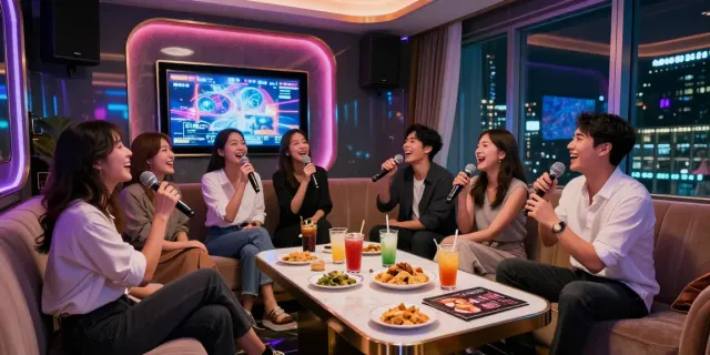 강남 달토 고급 가라오케 라운지에서 친구들이 함께 노래를 부르는 모습