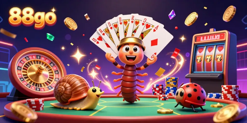 Engage in the excitement of 88go as a millipede dealer showcases cards while vibrant casino elements surround.