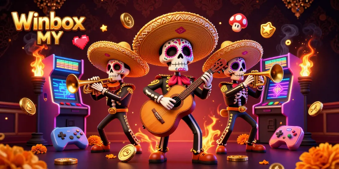 Winbox MY captures the excitement of gaming with a vibrant mariachi band surrounded by arcade devices.