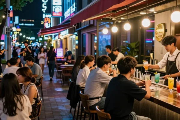 하루이야기에서 서울 강남의 밤 문화를 즐기는 젊은이들의 활기찬 모습