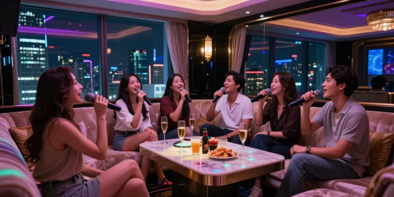 강남쩜오의 고급스러운 노래방에서 친구들과 함께 즐거운 시간을 보내는 장면