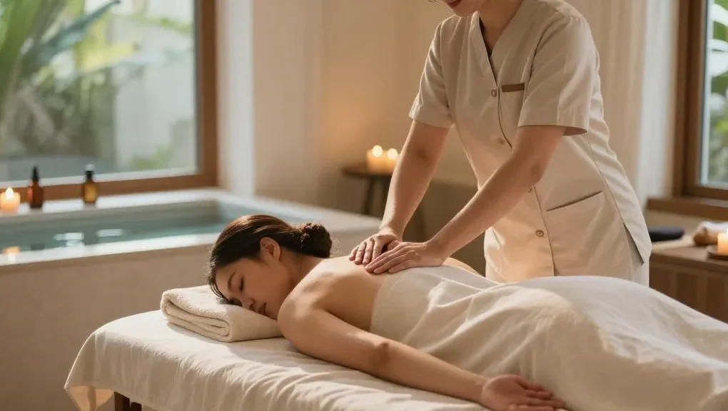 마사지 치료 중인 모습을 담은 스파 내부의 따뜻하고 아늑한 환경