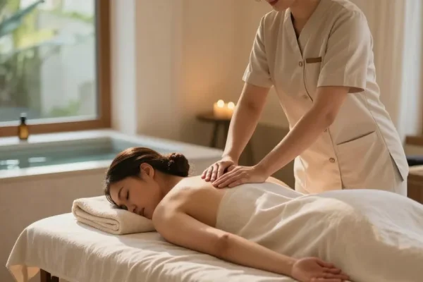 마사지 치료 중인 모습을 담은 스파 내부의 따뜻하고 아늑한 환경