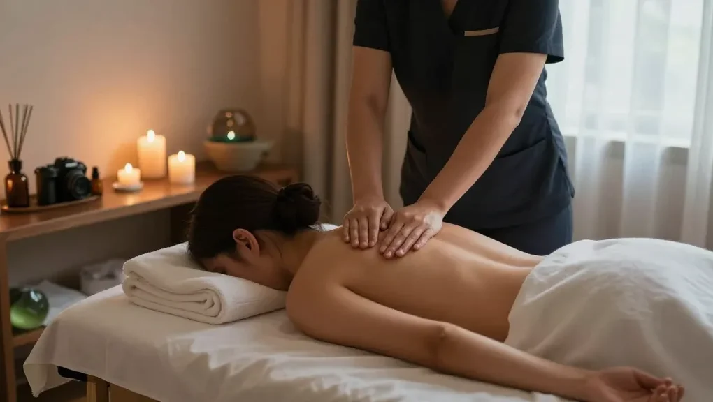 용인출장마사지로 편안하게 마사지 받고 있는 모습의 스파 환경