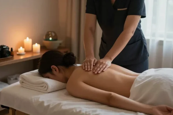 용인출장마사지로 편안하게 마사지 받고 있는 모습의 스파 환경